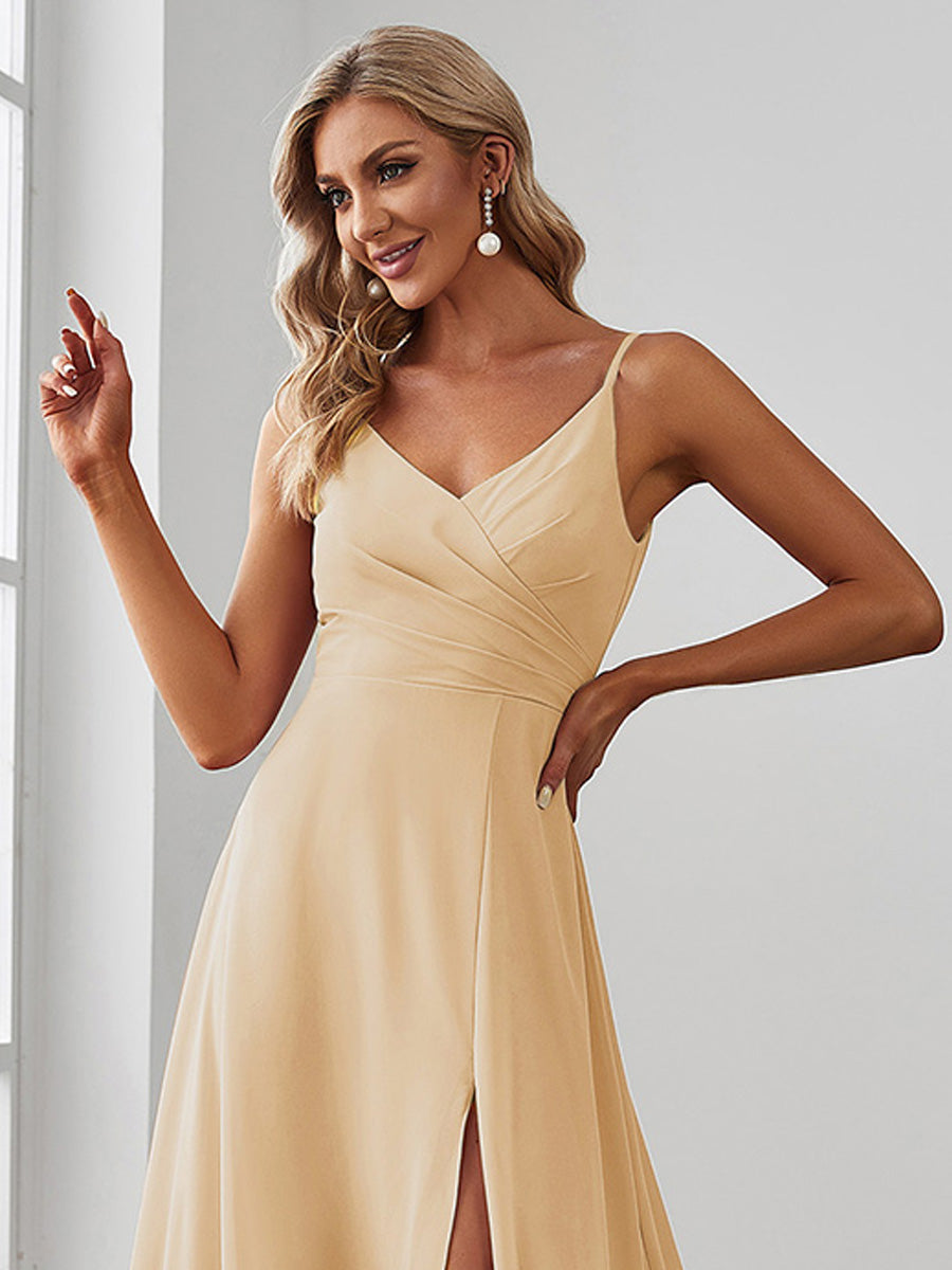 Pretty|Pleated V-Neck Spaghetti Strap High Slit Bridesmaid Dress