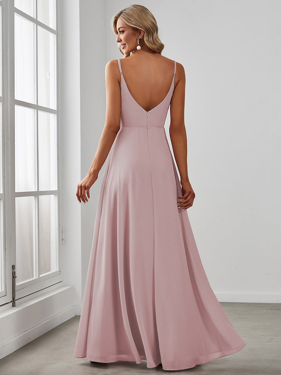 Pretty|Pleated V-Neck Spaghetti Strap High Slit Bridesmaid Dress