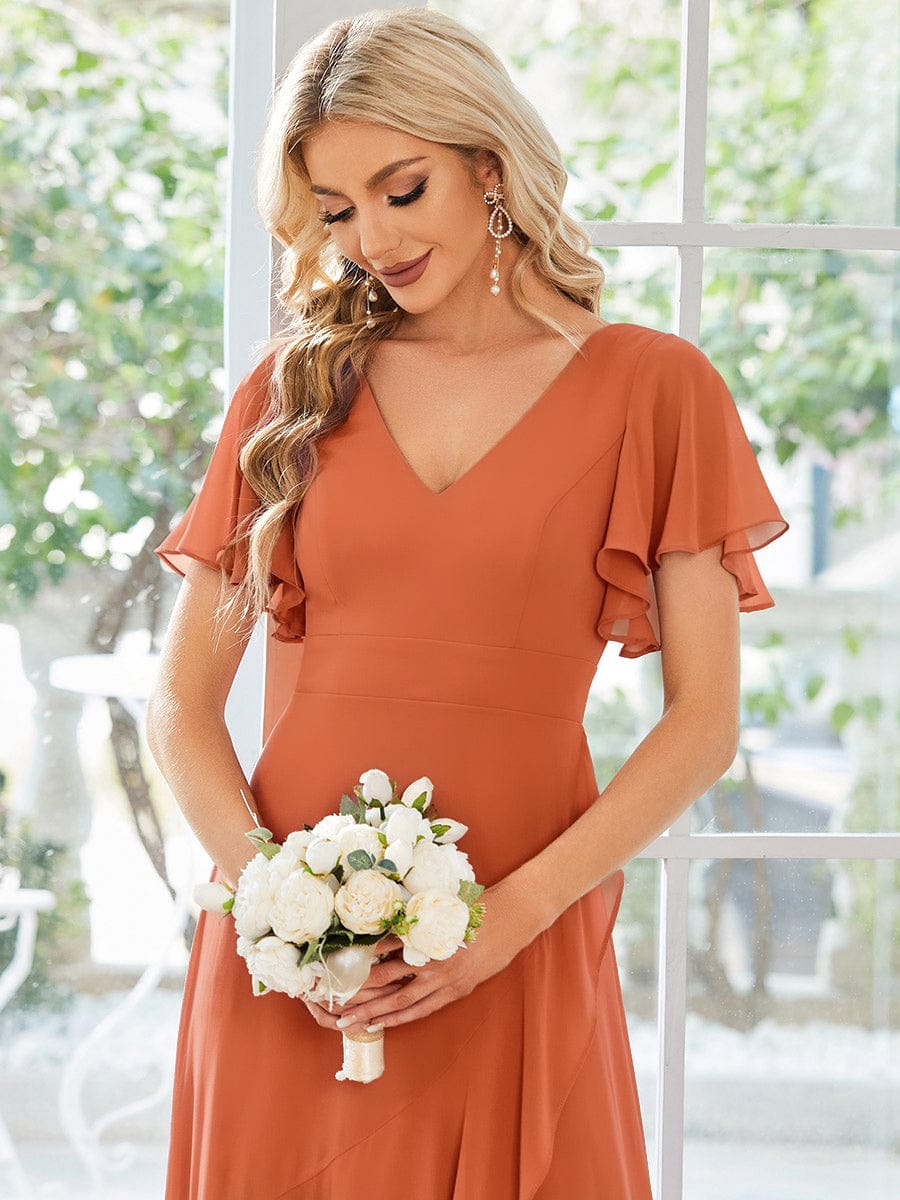 OREE|Ruffles Sleeve V-Neck Chiffon Bridesmaid Dress