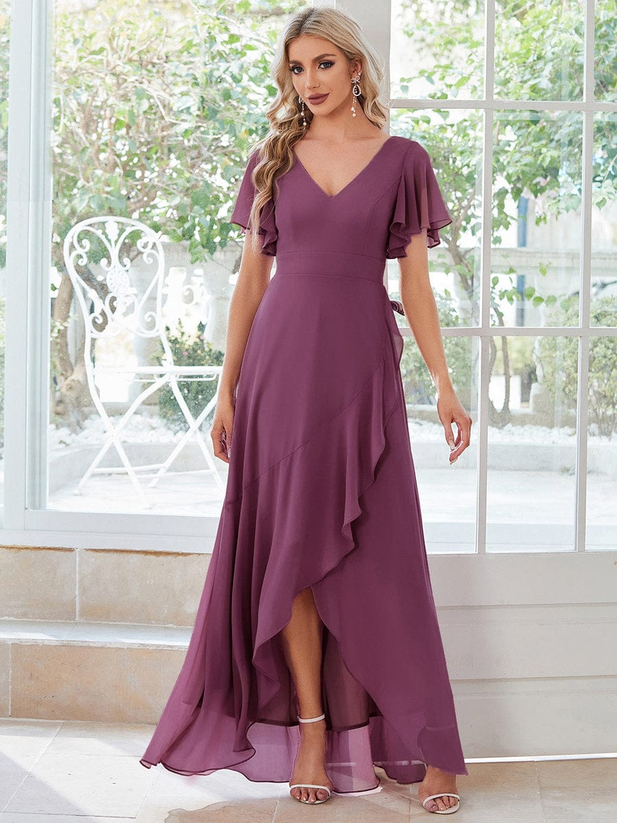 OREE|Ruffles Sleeve V-Neck Chiffon Bridesmaid Dress