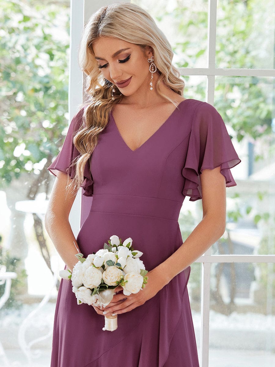OREE|Ruffles Sleeve V-Neck Chiffon Bridesmaid Dress