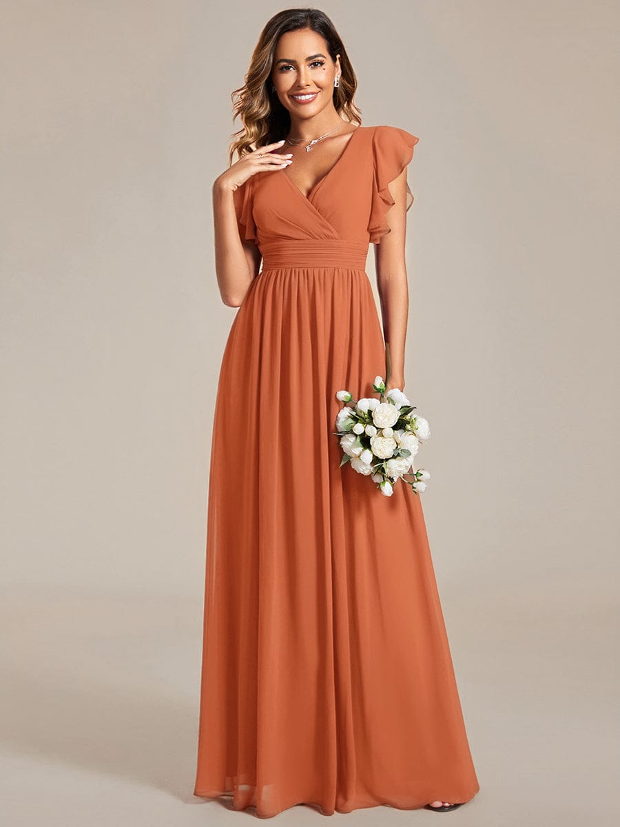 LILYANA|Back Cutout A-Line Pleated Ruffles Sleeve Chiffon Bridesmaid Dress