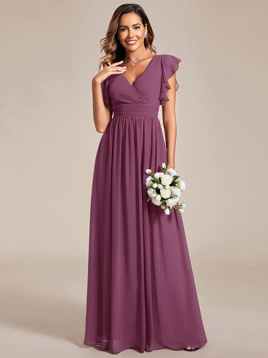 LILYANA|Back Cutout A-Line Pleated Ruffles Sleeve Chiffon Bridesmaid Dress