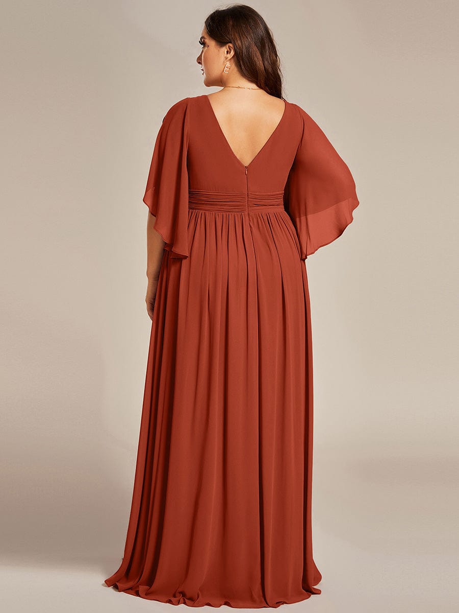 ELYAN|Half Sleeve V-Neck Pleated High Slit A-Line Chiffon Bridesmaid Dress