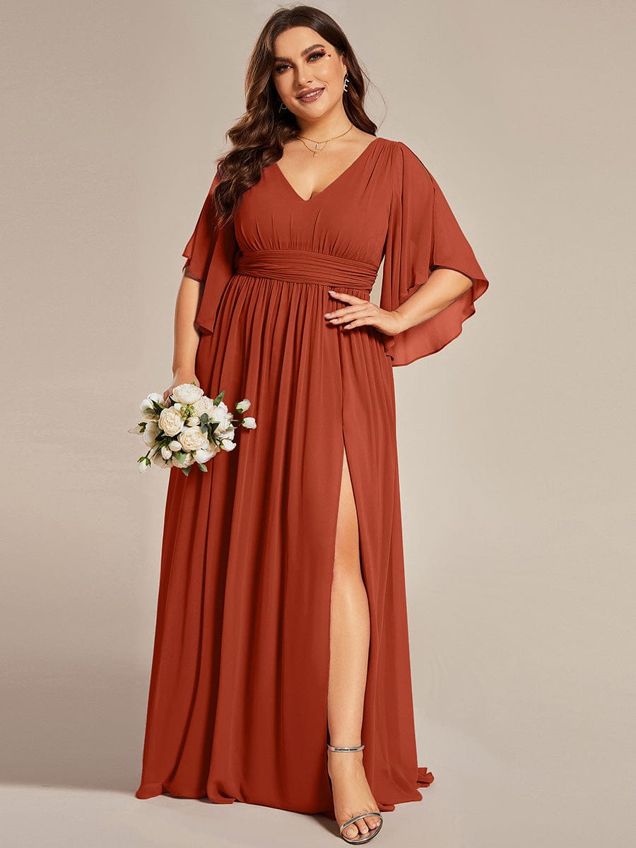 ELYAN|Half Sleeve V-Neck Pleated High Slit A-Line Chiffon Bridesmaid Dress