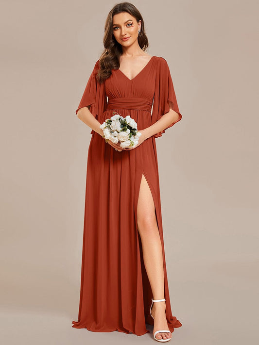 ELYAN|Half Sleeve V-Neck Pleated High Slit A-Line Chiffon Bridesmaid Dress