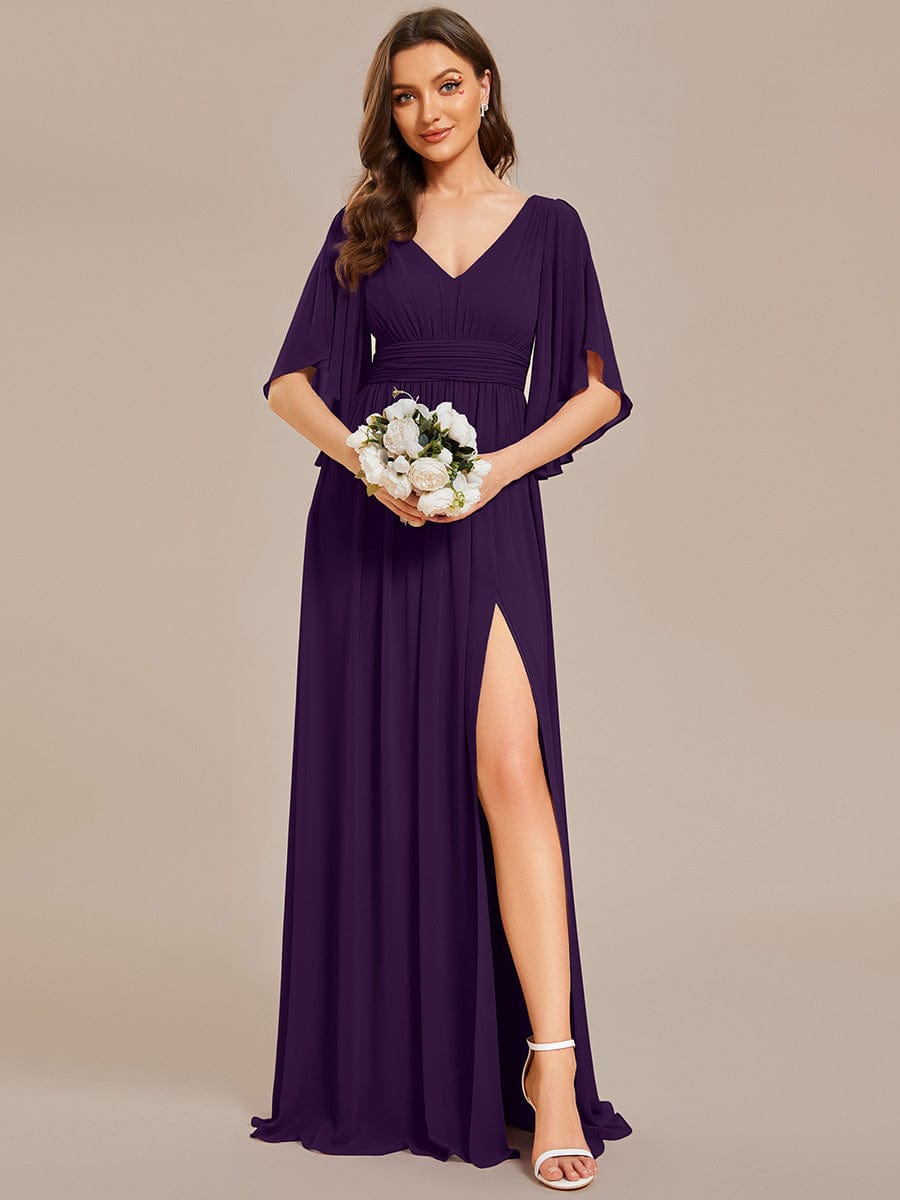 ELYAN|Half Sleeve V-Neck Pleated High Slit A-Line Chiffon Bridesmaid Dress