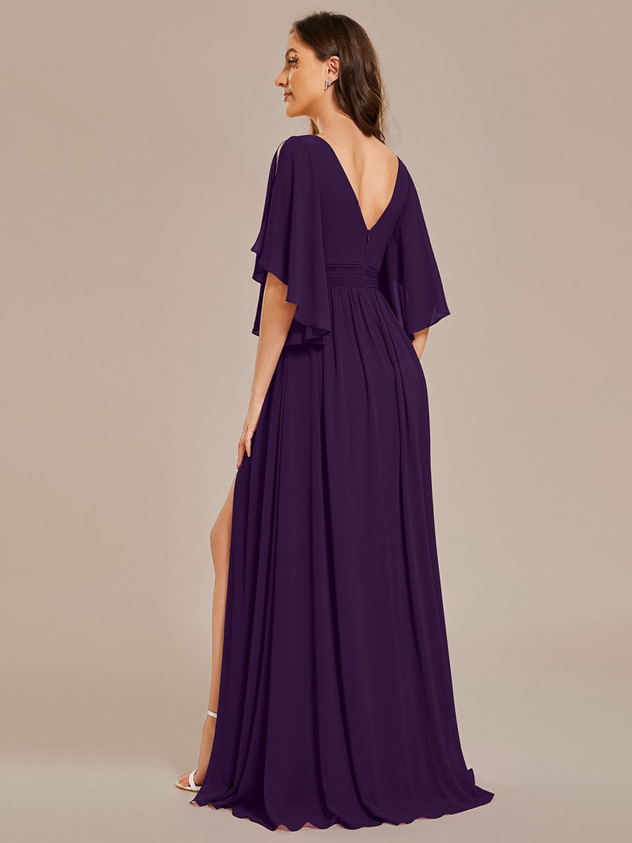 ELYAN|Half Sleeve V-Neck Pleated High Slit A-Line Chiffon Bridesmaid Dress