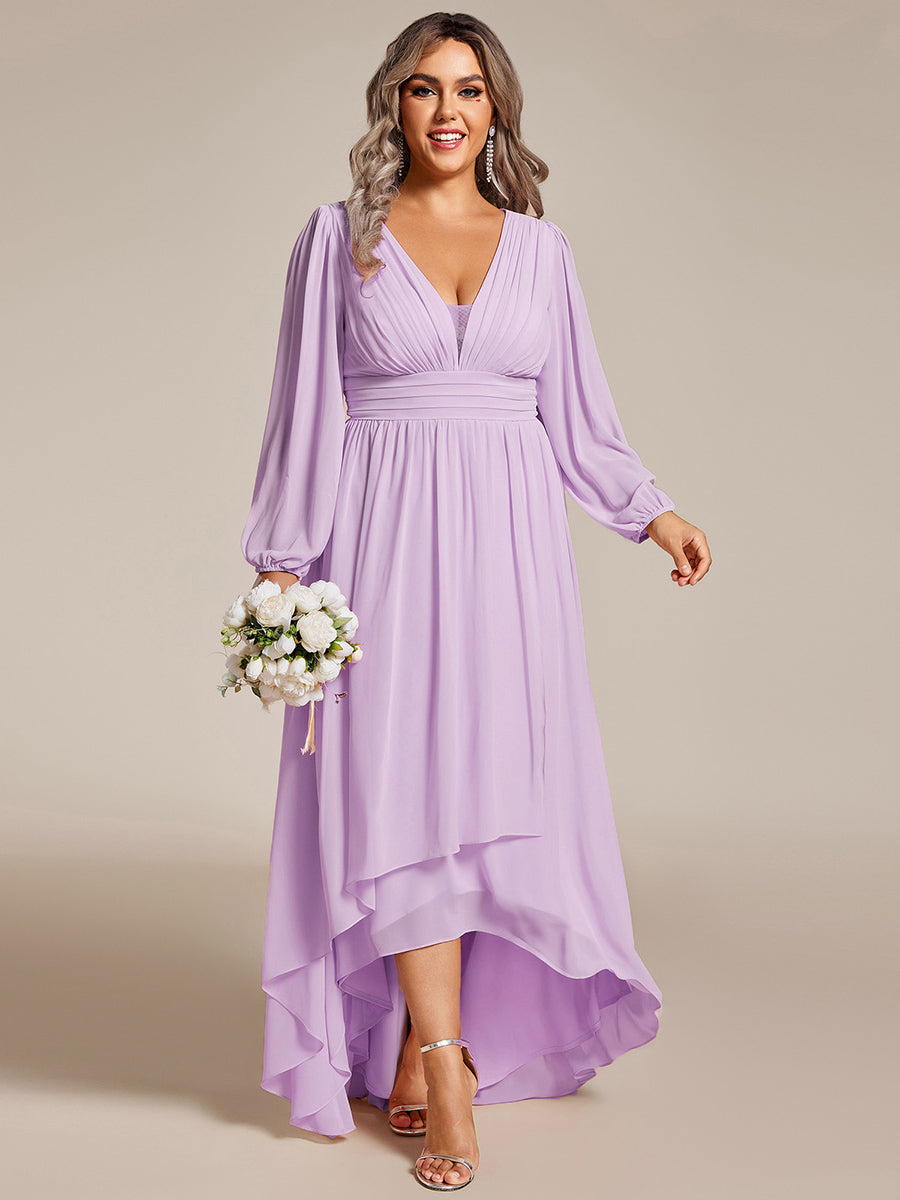 pretty GRIFFIN|Plus Size V-Neck Long Lantern Sleeves A-Line Chiffon Bridesmaid Dress