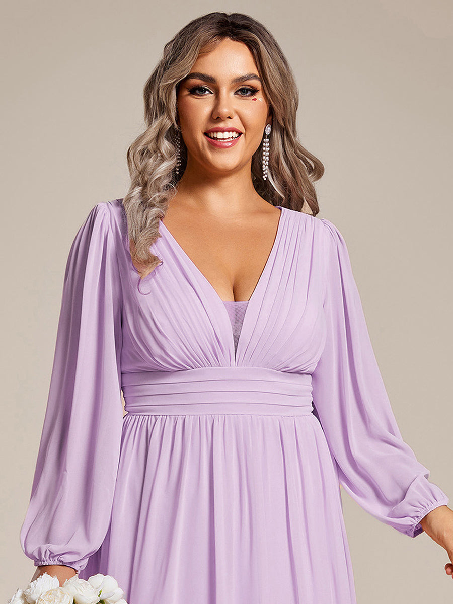 pretty GRIFFIN|Plus Size V-Neck Long Lantern Sleeves A-Line Chiffon Bridesmaid Dress