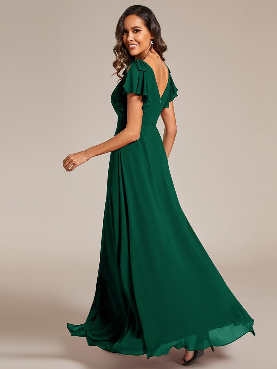 ROSY|Short Sleeves with Bowknot High Front Slit A-Line Chiffon Bridesmaid Dress