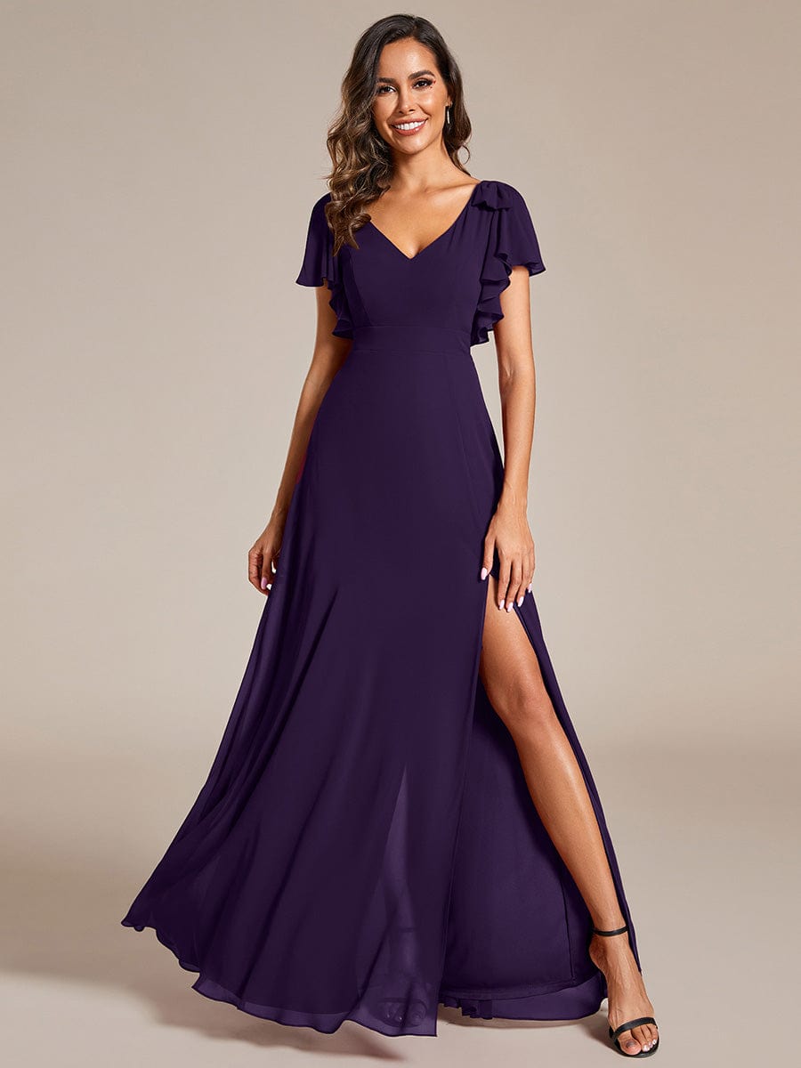 ROSY|Short Sleeves with Bowknot High Front Slit A-Line Chiffon Bridesmaid Dress
