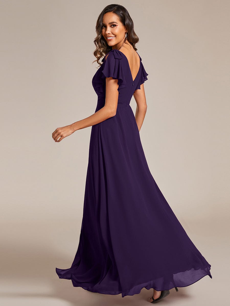 ROSY|Short Sleeves with Bowknot High Front Slit A-Line Chiffon Bridesmaid Dress