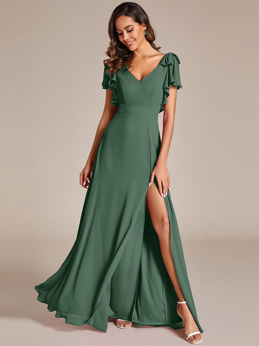 ROSY|Short Sleeves with Bowknot High Front Slit A-Line Chiffon Bridesmaid Dress