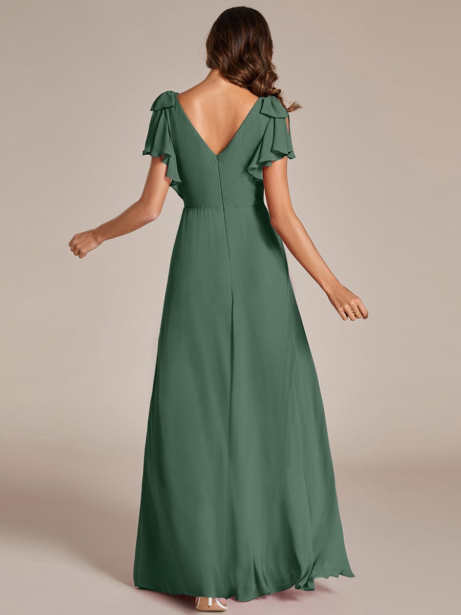 ROSY|Short Sleeves with Bowknot High Front Slit A-Line Chiffon Bridesmaid Dress