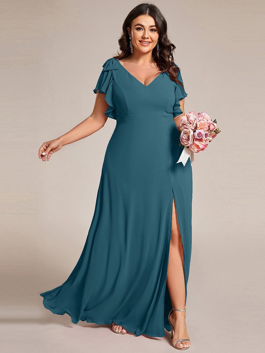 ROSY|Short Sleeves with Bowknot High Front Slit A-Line Chiffon Bridesmaid Dress
