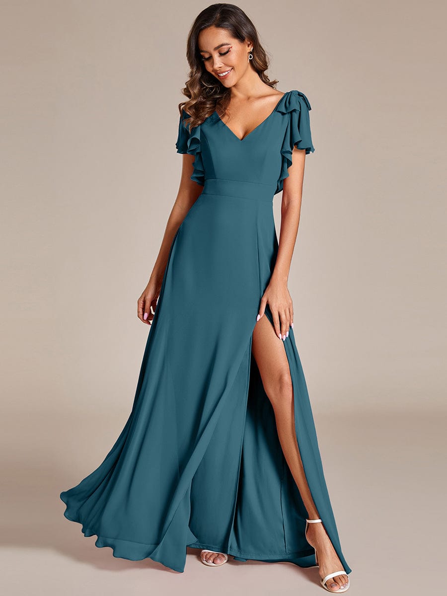 ROSY|Short Sleeves with Bowknot High Front Slit A-Line Chiffon Bridesmaid Dress