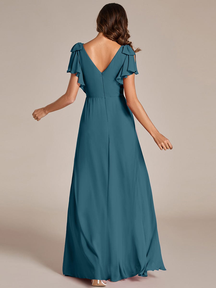 ROSY|Short Sleeves with Bowknot High Front Slit A-Line Chiffon Bridesmaid Dress