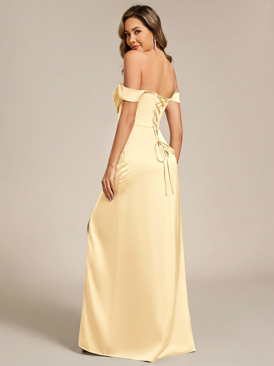 pretty OLIVE|Off Shoulder Short Sleeve Split Back-Tie Satin Bridesmaid Dress