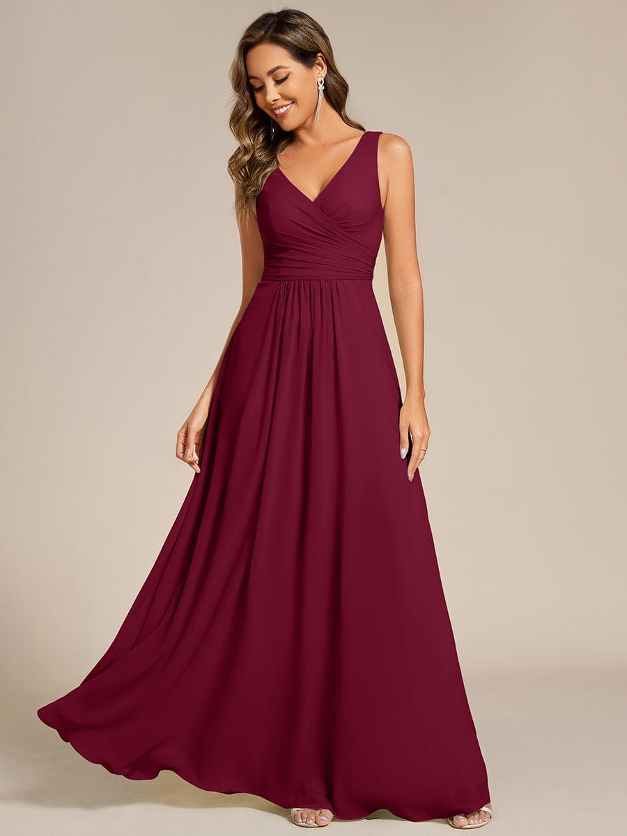 SAUYER|Strapless Pleated V-Neck A-Line Maxi Chiffon Bridesmaid Dress