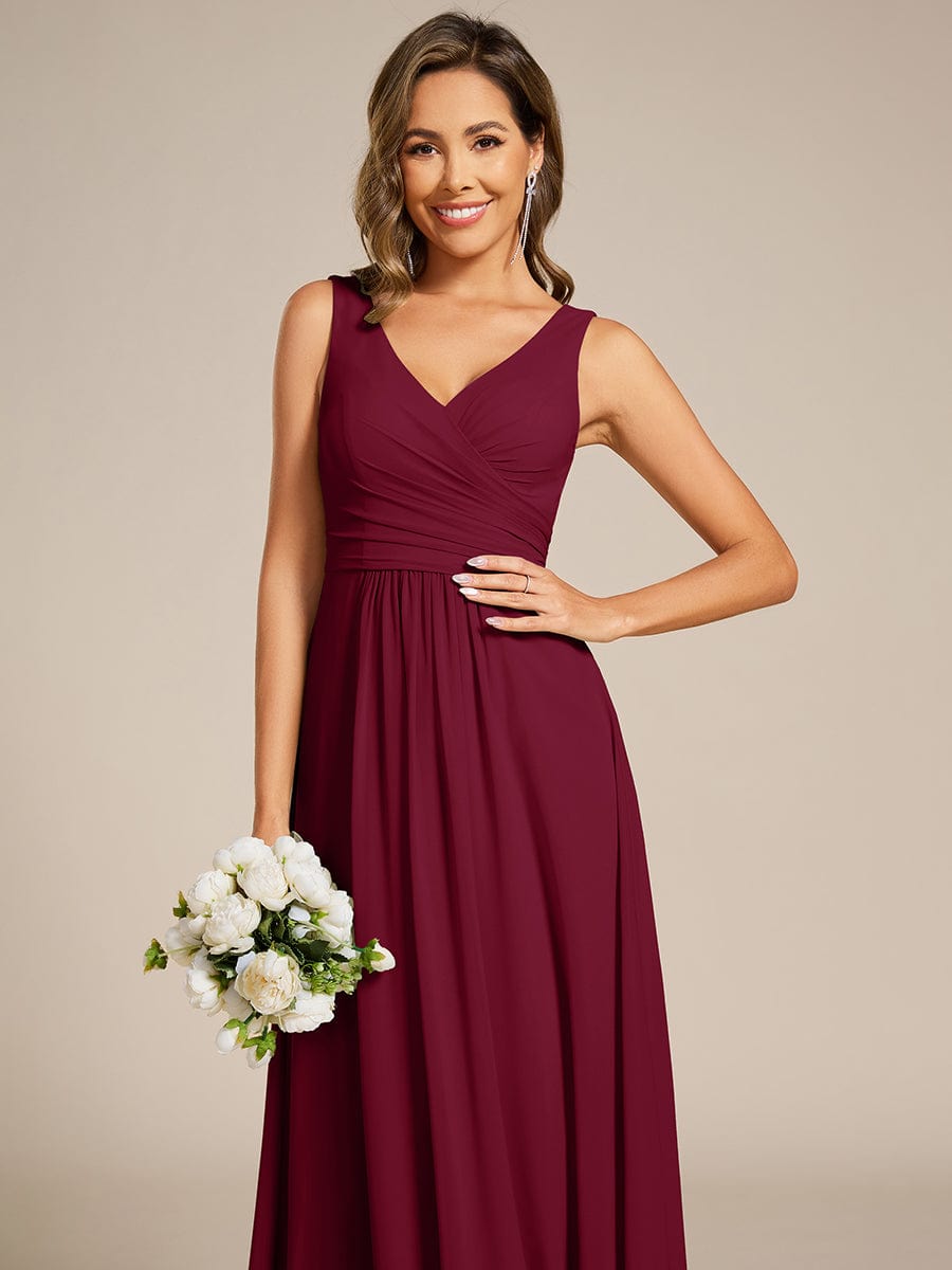 SAUYER|Strapless Pleated V-Neck A-Line Maxi Chiffon Bridesmaid Dress