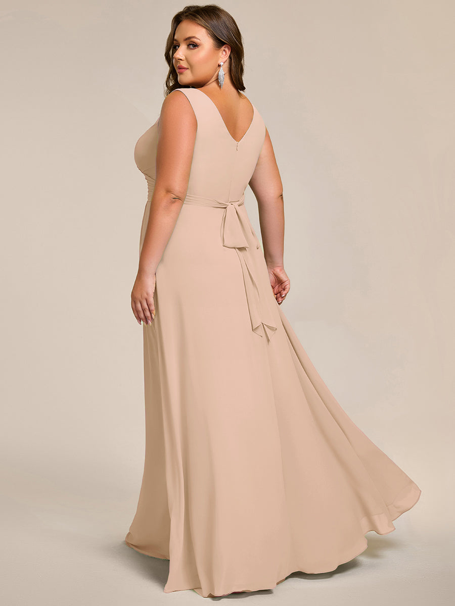 SAUYER|Strapless Pleated V-Neck A-Line Maxi Chiffon Bridesmaid Dress