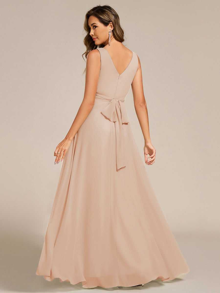 SAUYER|Strapless Pleated V-Neck A-Line Maxi Chiffon Bridesmaid Dress