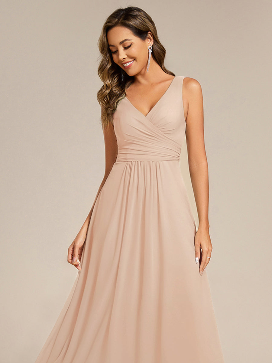 SAUYER|Strapless Pleated V-Neck A-Line Maxi Chiffon Bridesmaid Dress