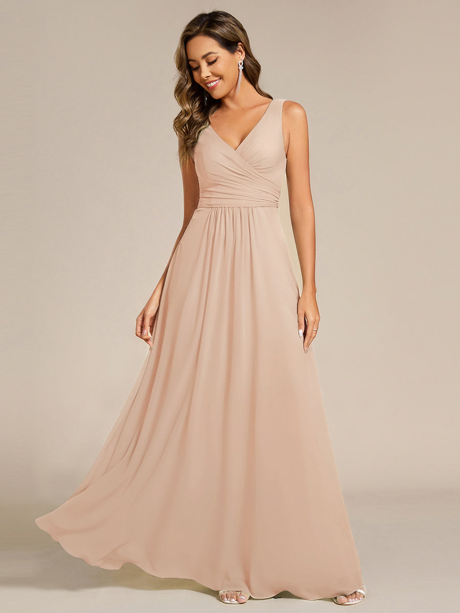 SAUYER|Strapless Pleated V-Neck A-Line Maxi Chiffon Bridesmaid Dress