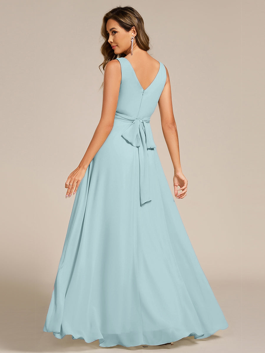 SAUYER|Strapless Pleated V-Neck A-Line Maxi Chiffon Bridesmaid Dress