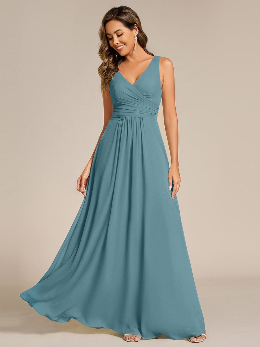 SAUYER|Strapless Pleated V-Neck A-Line Maxi Chiffon Bridesmaid Dress