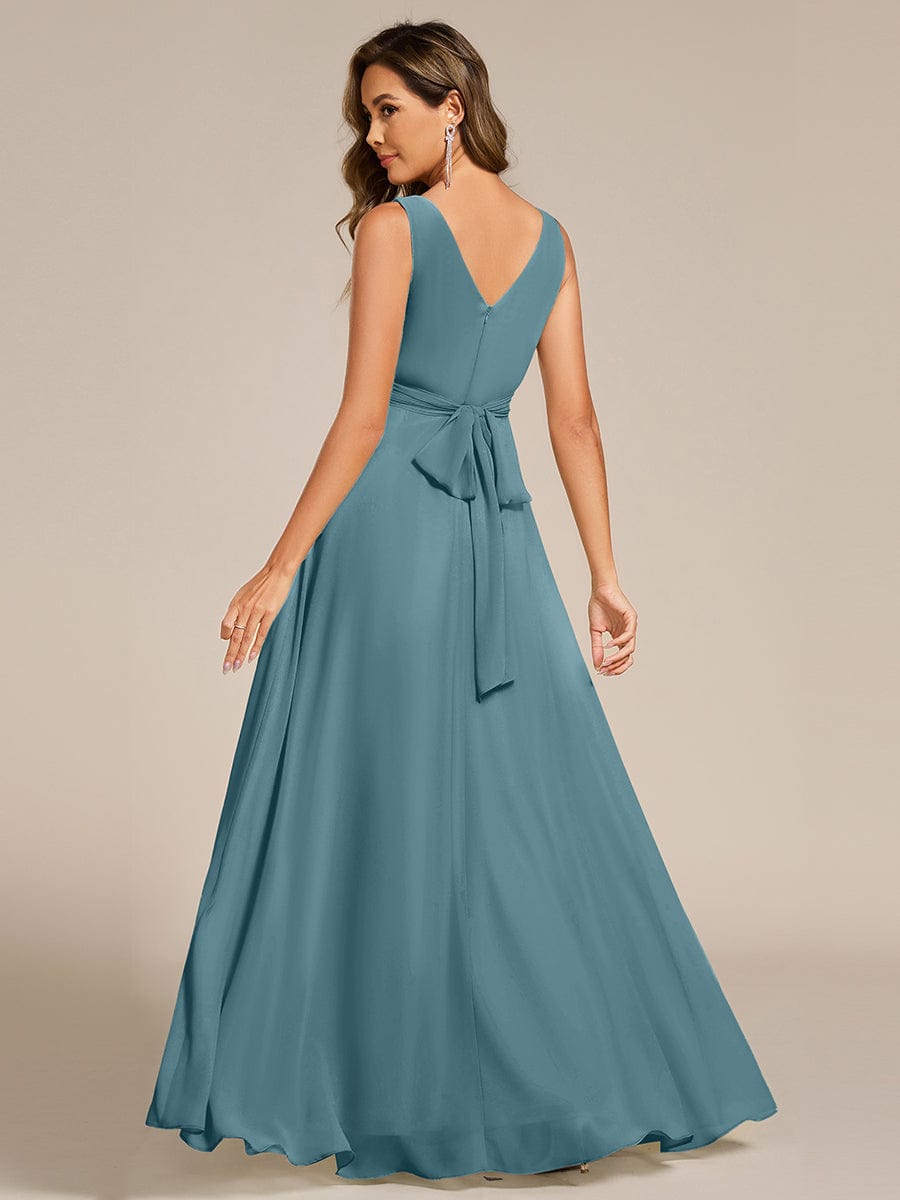 SAUYER|Strapless Pleated V-Neck A-Line Maxi Chiffon Bridesmaid Dress