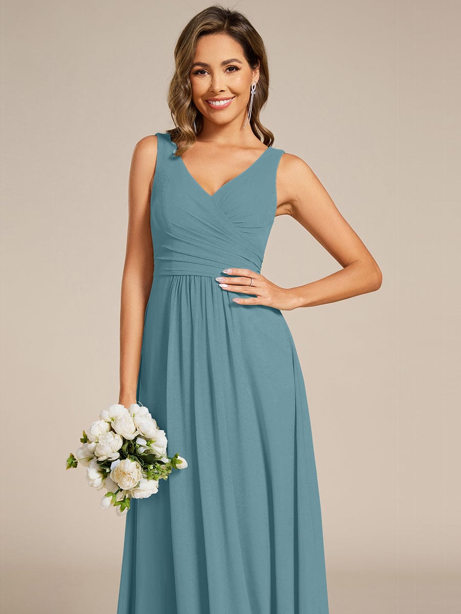 SAUYER|Strapless Pleated V-Neck A-Line Maxi Chiffon Bridesmaid Dress
