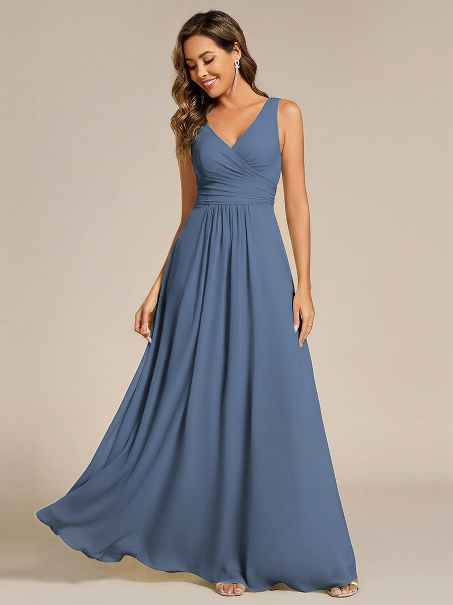 SAUYER|Strapless Pleated V-Neck A-Line Maxi Chiffon Bridesmaid Dress