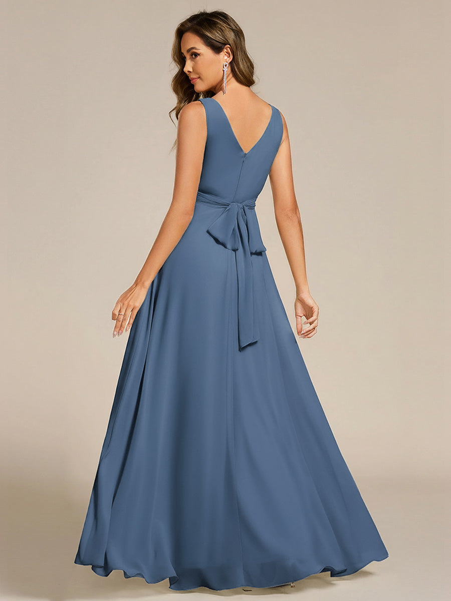 SAUYER|Strapless Pleated V-Neck A-Line Maxi Chiffon Bridesmaid Dress