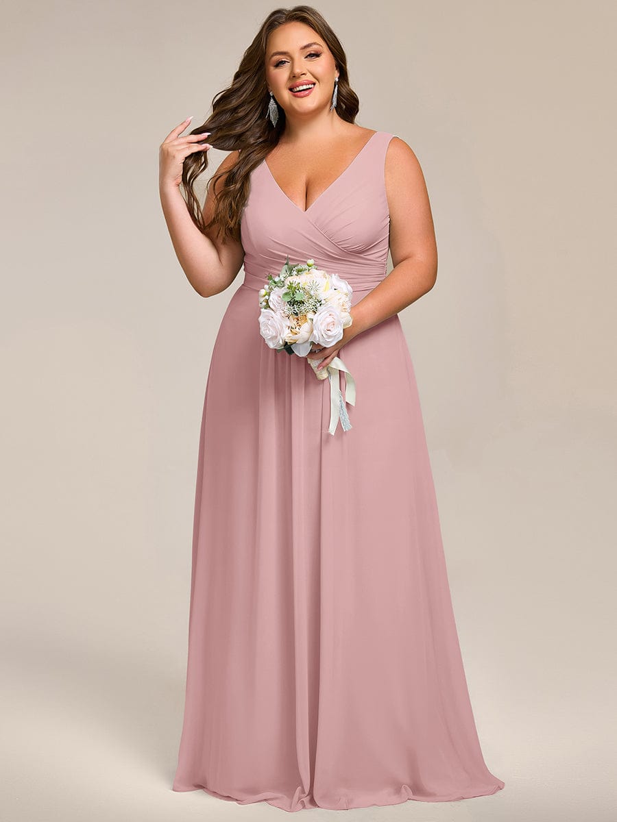 SAUYER|Strapless Pleated V-Neck A-Line Maxi Chiffon Bridesmaid Dress