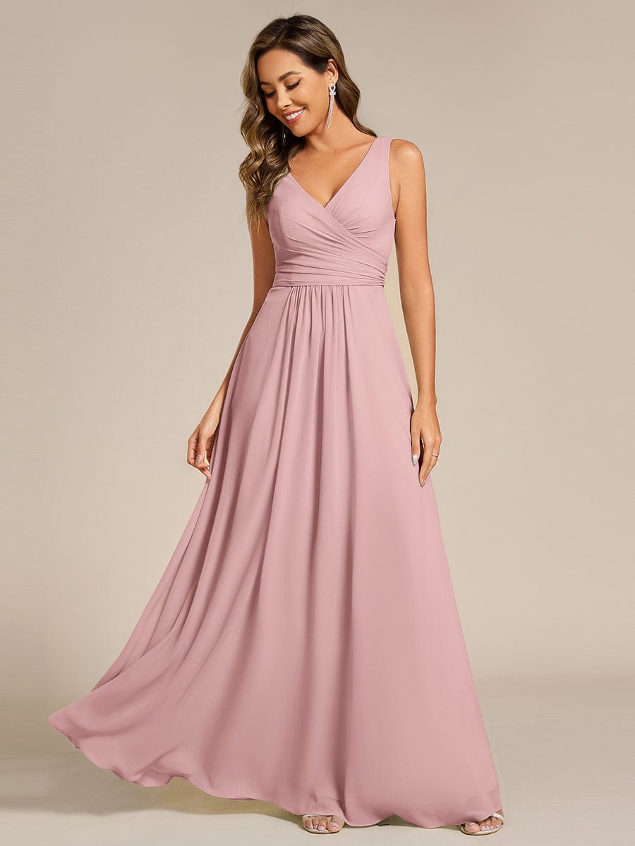 SAUYER|Strapless Pleated V-Neck A-Line Maxi Chiffon Bridesmaid Dress