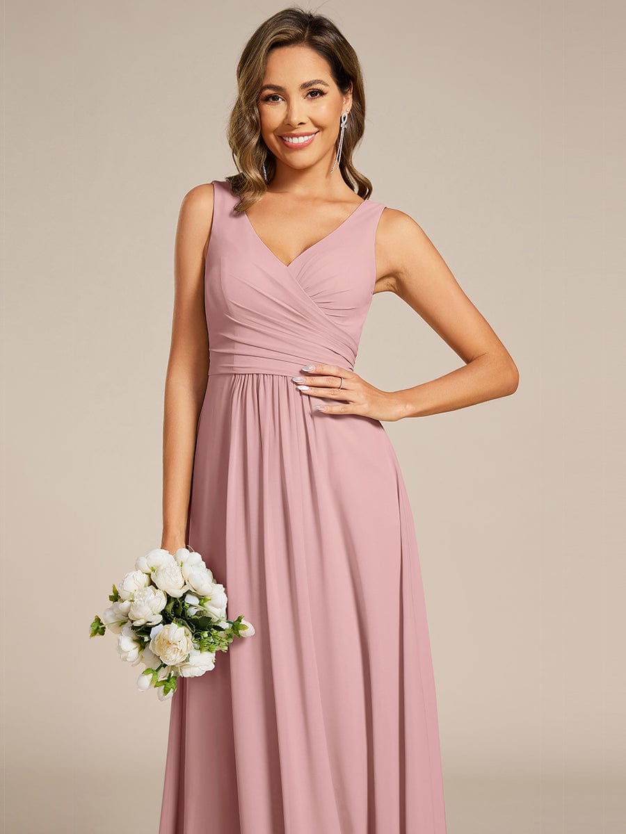 SAUYER|Strapless Pleated V-Neck A-Line Maxi Chiffon Bridesmaid Dress