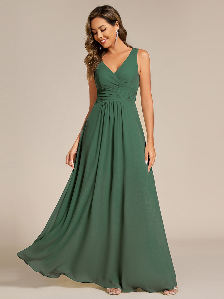 SAUYER|Strapless Pleated V-Neck A-Line Maxi Chiffon Bridesmaid Dress