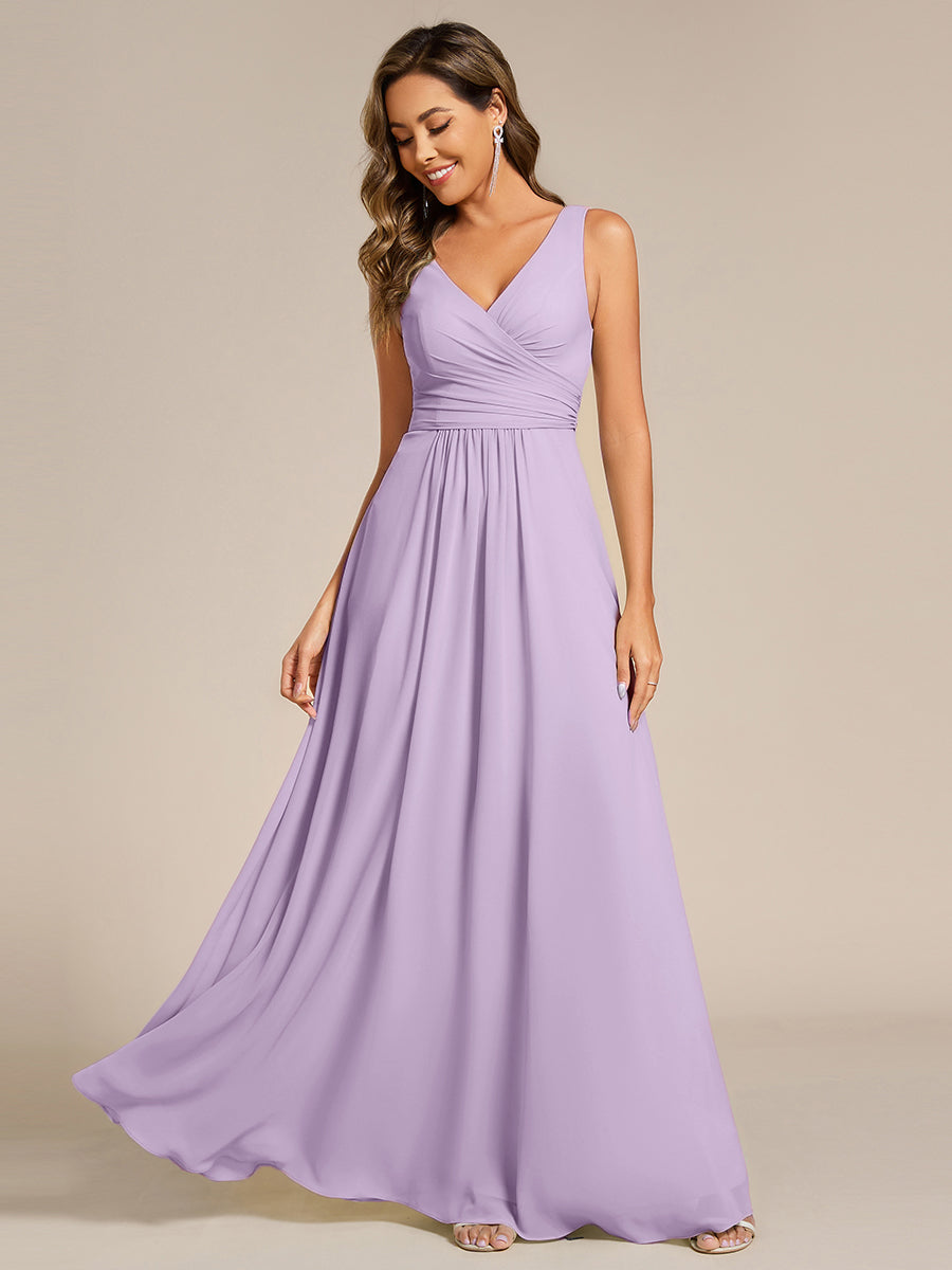 SAUYER|Strapless Pleated V-Neck A-Line Maxi Chiffon Bridesmaid Dress