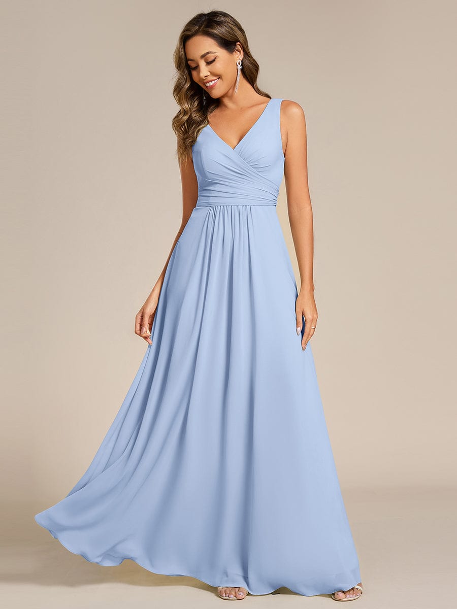 SAUYER|Strapless Pleated V-Neck A-Line Maxi Chiffon Bridesmaid Dress