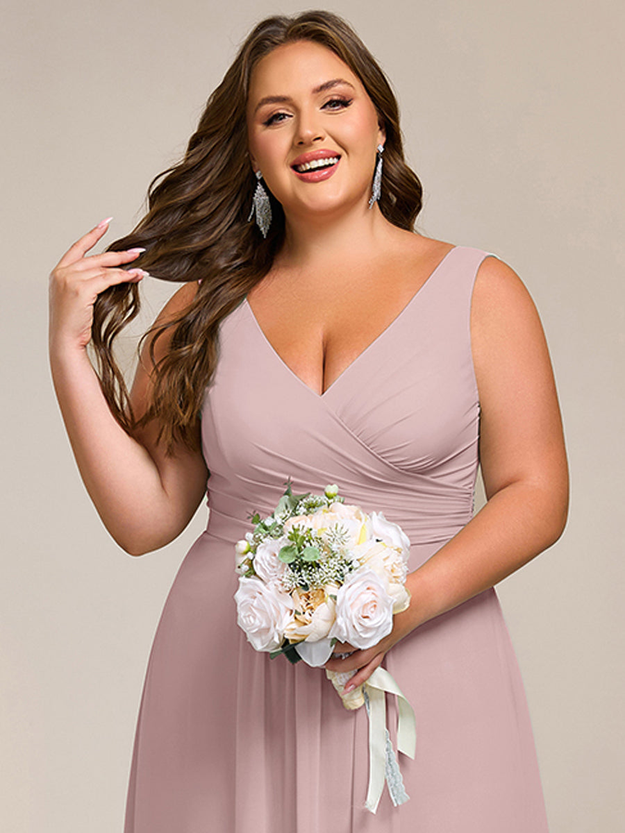 SAUYER|Strapless Pleated V-Neck A-Line Maxi Chiffon Bridesmaid Dress