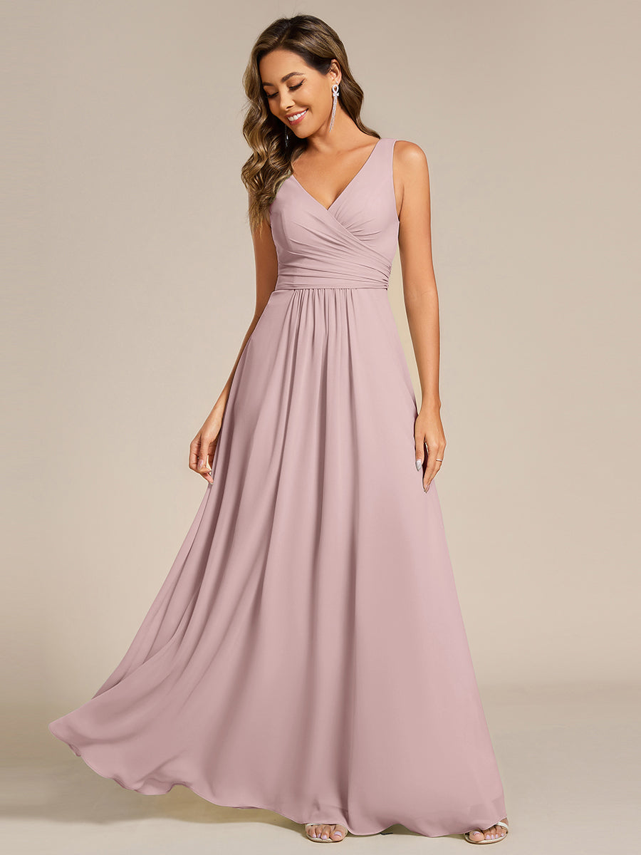 SAUYER|Strapless Pleated V-Neck A-Line Maxi Chiffon Bridesmaid Dress