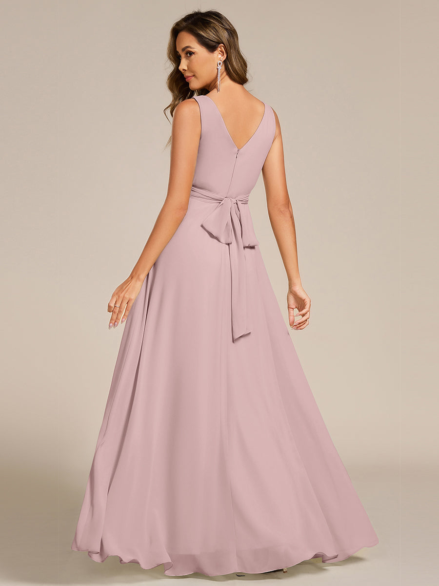 SAUYER|Strapless Pleated V-Neck A-Line Maxi Chiffon Bridesmaid Dress