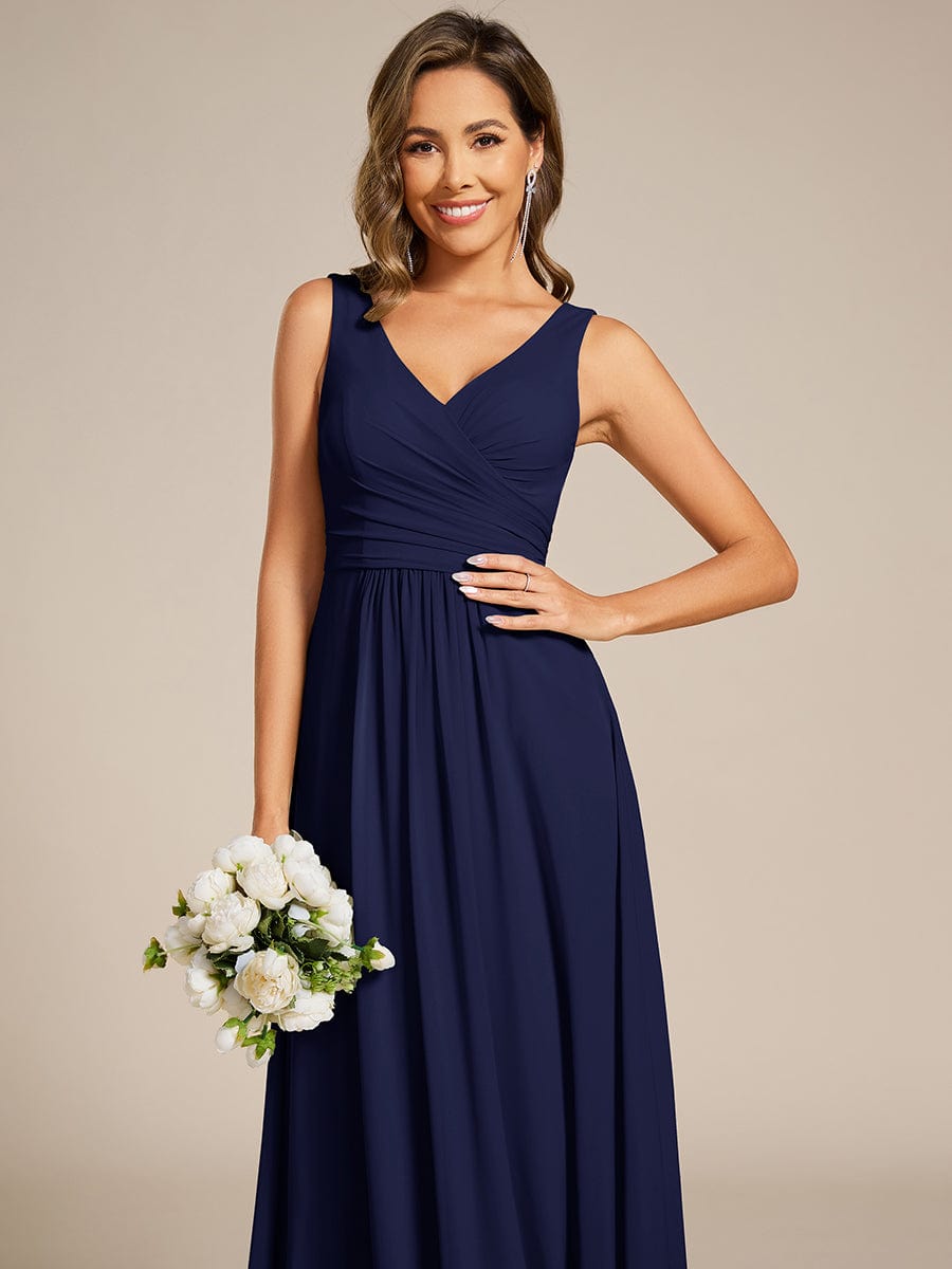 SAUYER|Strapless Pleated V-Neck A-Line Maxi Chiffon Bridesmaid Dress