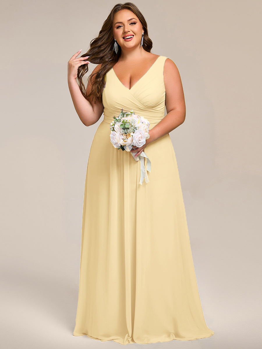 SAUYER|Strapless Pleated V-Neck A-Line Maxi Chiffon Bridesmaid Dress