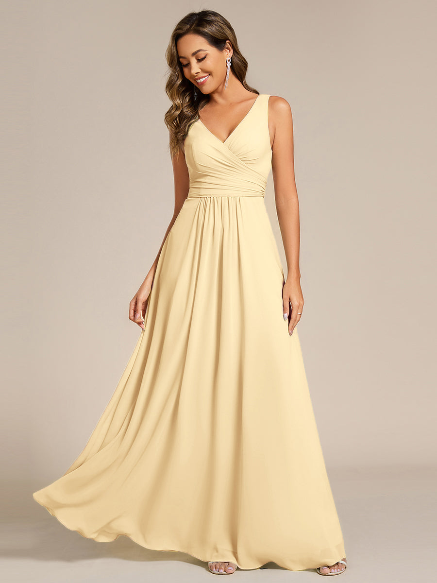 SAUYER|Strapless Pleated V-Neck A-Line Maxi Chiffon Bridesmaid Dress