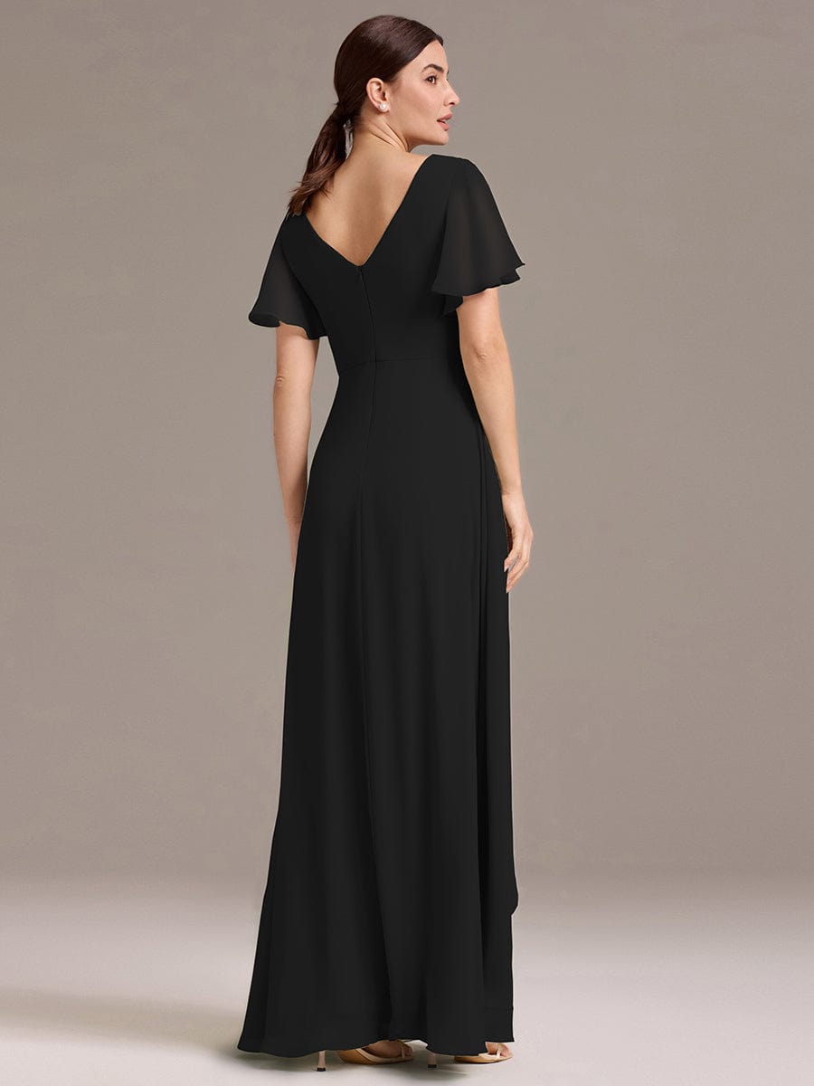 DAMIA|Chiffon Double V-Neck A-Line Ruffled Sleeves Bridesmaid Dress with Asymmetrical Hem