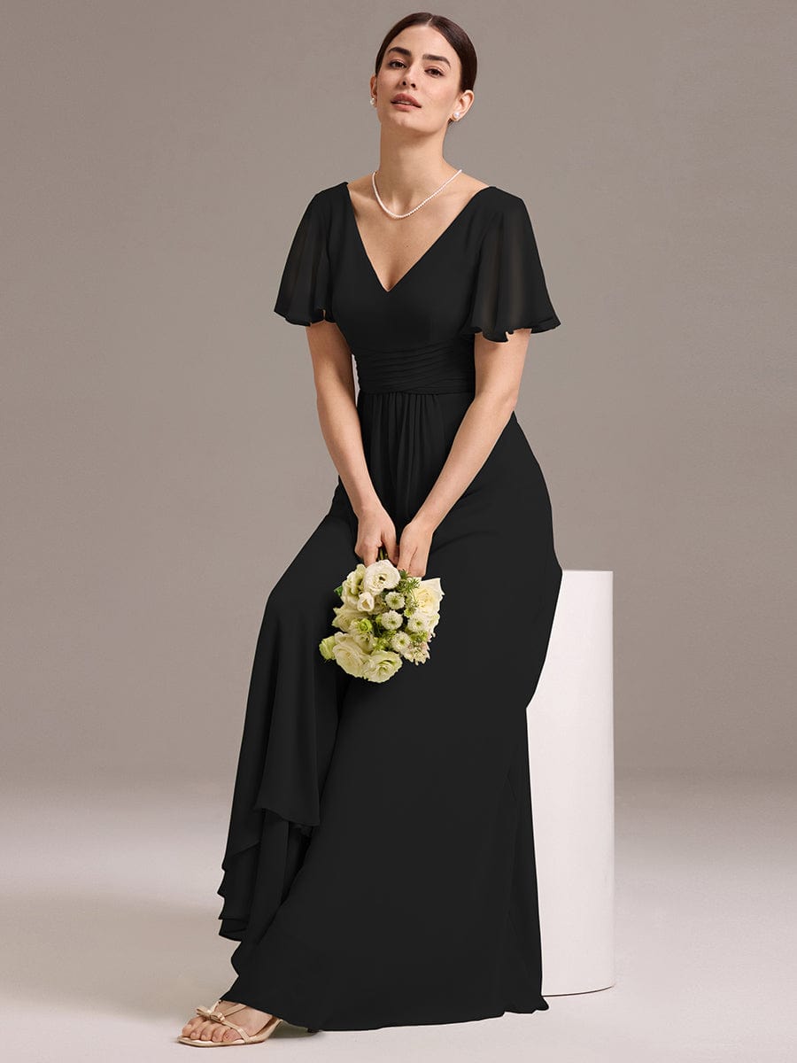 DAMIA|Chiffon Double V-Neck A-Line Ruffled Sleeves Bridesmaid Dress with Asymmetrical Hem