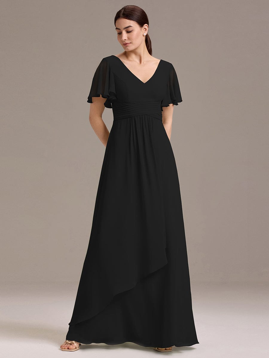 DAMIA|Chiffon Double V-Neck A-Line Ruffled Sleeves Bridesmaid Dress with Asymmetrical Hem